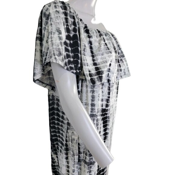 Tiered Knee Length Dress Women XL 14 Black White Scoop Neck Short Sleeve 16 Fall - Picture 11 of 12